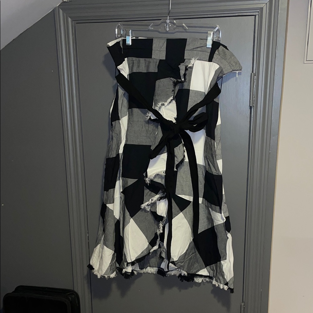 Eloquii Black & White Strapless Check Tie-Waist Dress